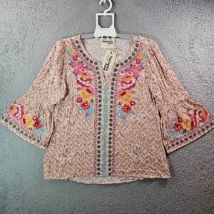 NEW Savanna Jane Top Blouse Women Small‎ Embroidered Bell Sleeve Multicolor Boho